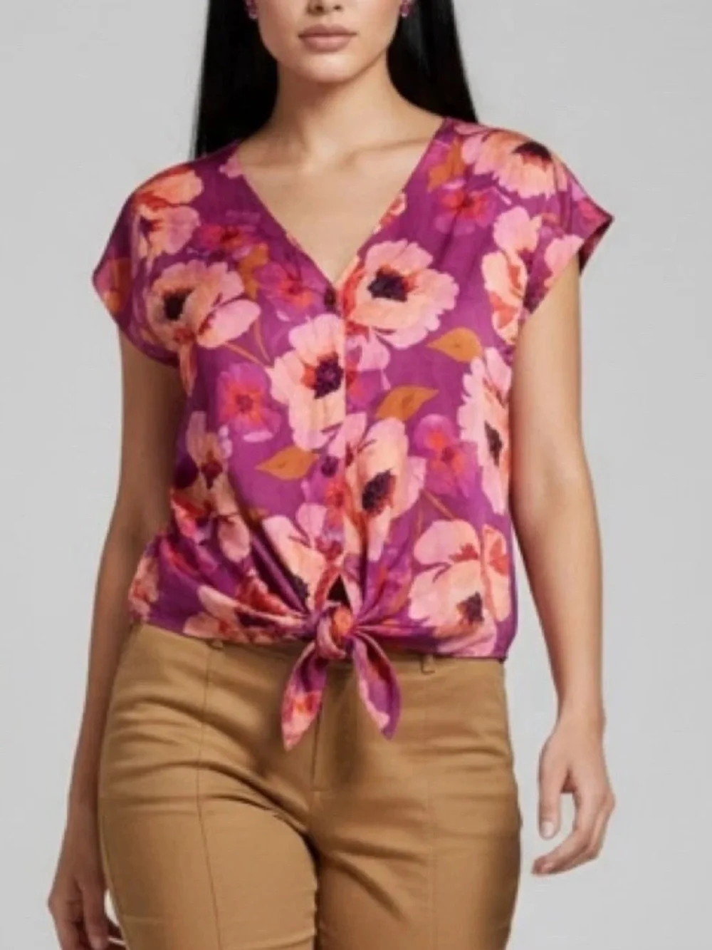 New Medium DR2 Orange Pink Floral Satin Tie Front Top